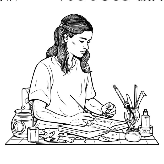 illustartion coloring book page woman study