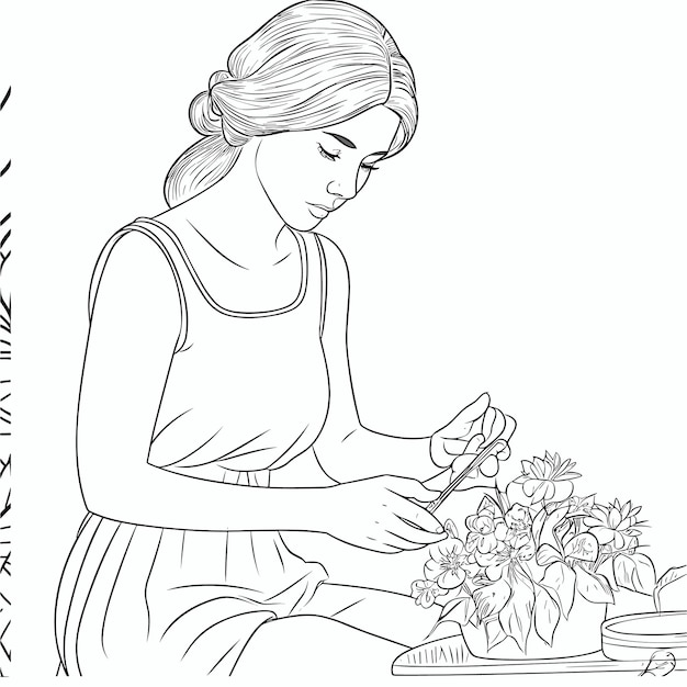 illustartion coloring book page woman study