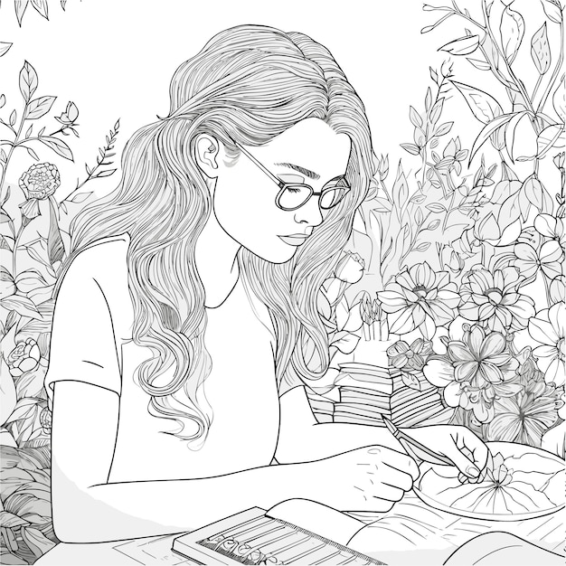 illustartion coloring book page woman study