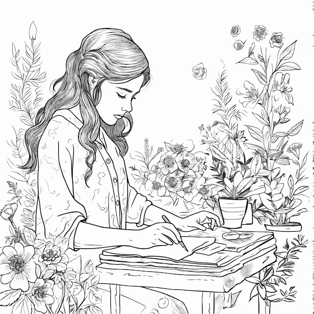 Vector illustartion coloring book page woman study