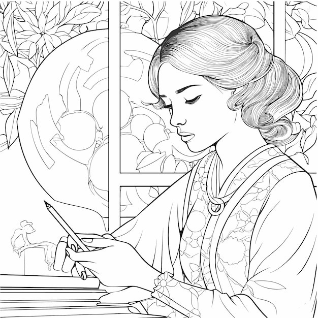 illustartion coloring book page woman study