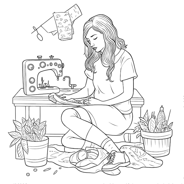 illustartion coloring book page woman study