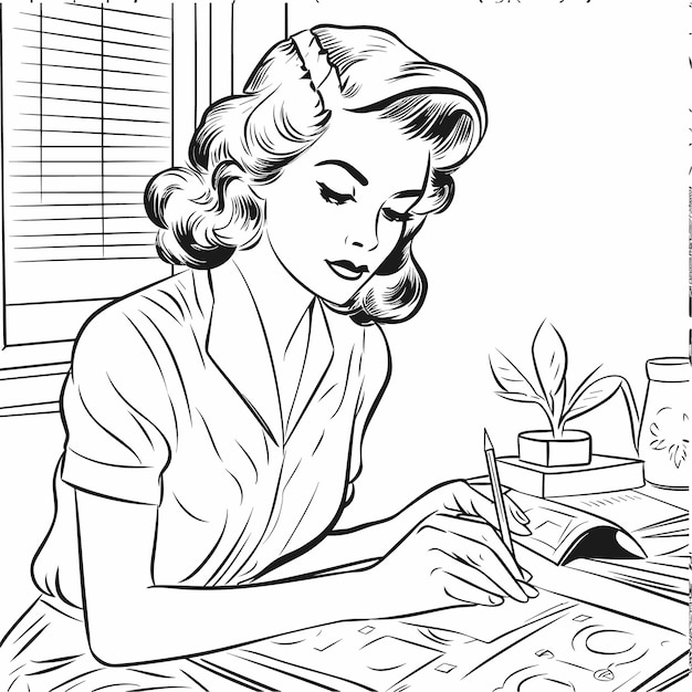 Vector illustartion coloring book page woman study