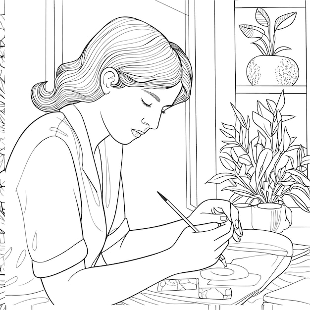 illustartion coloring book page woman study