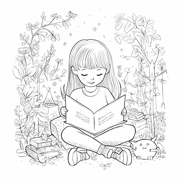 illustartion ぬり絵のページ 女性が本を読む