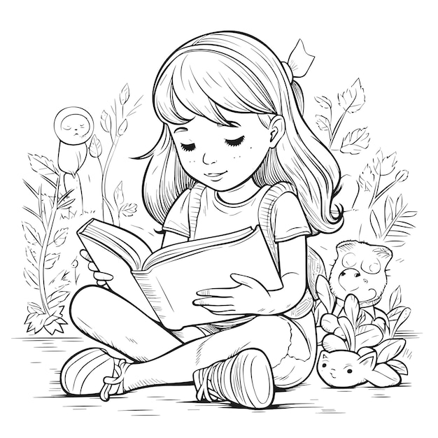 illustartion coloring book page women read book