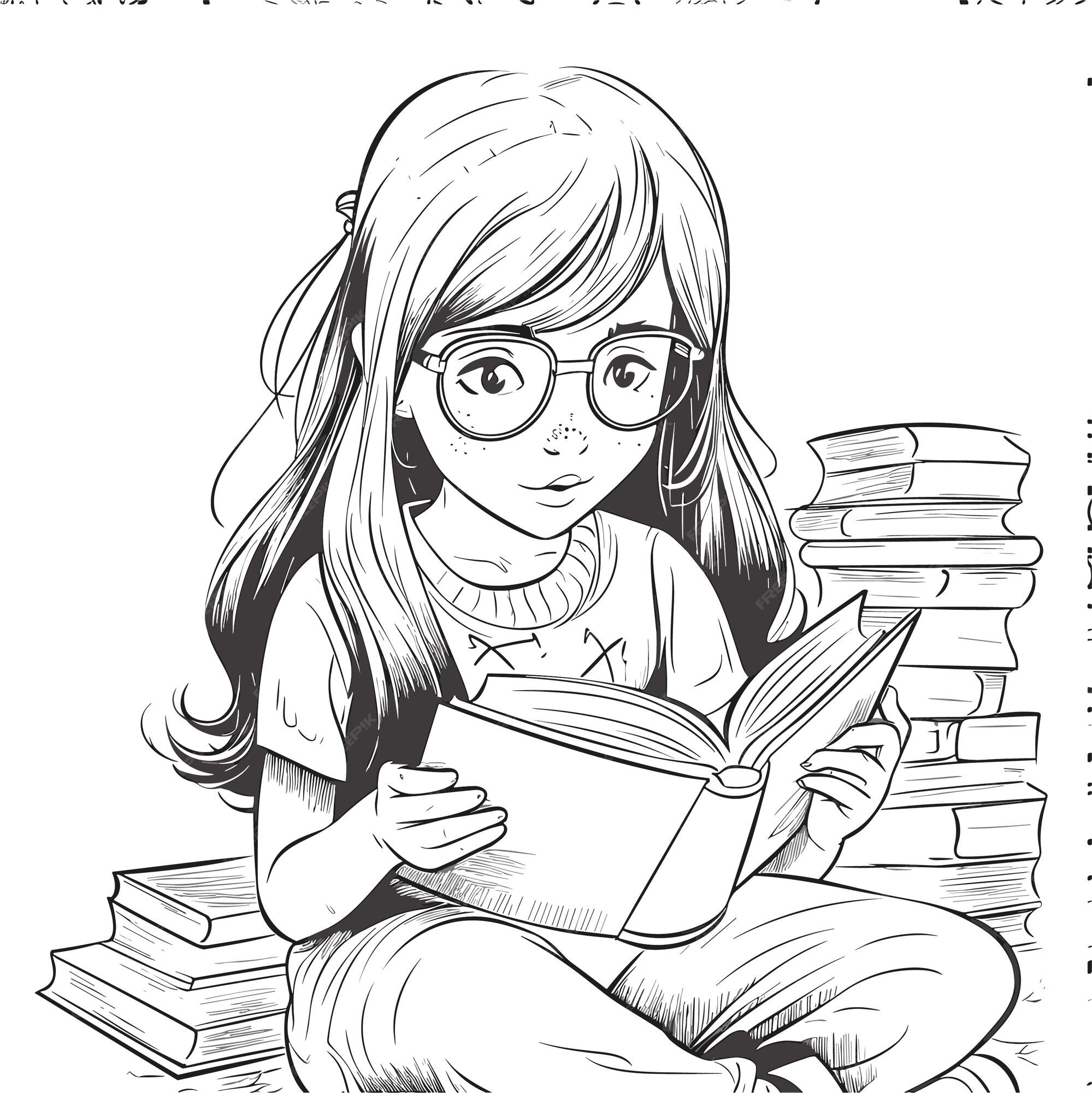 Premium Photo  Cute girl reading a big book. ink black and white drawing