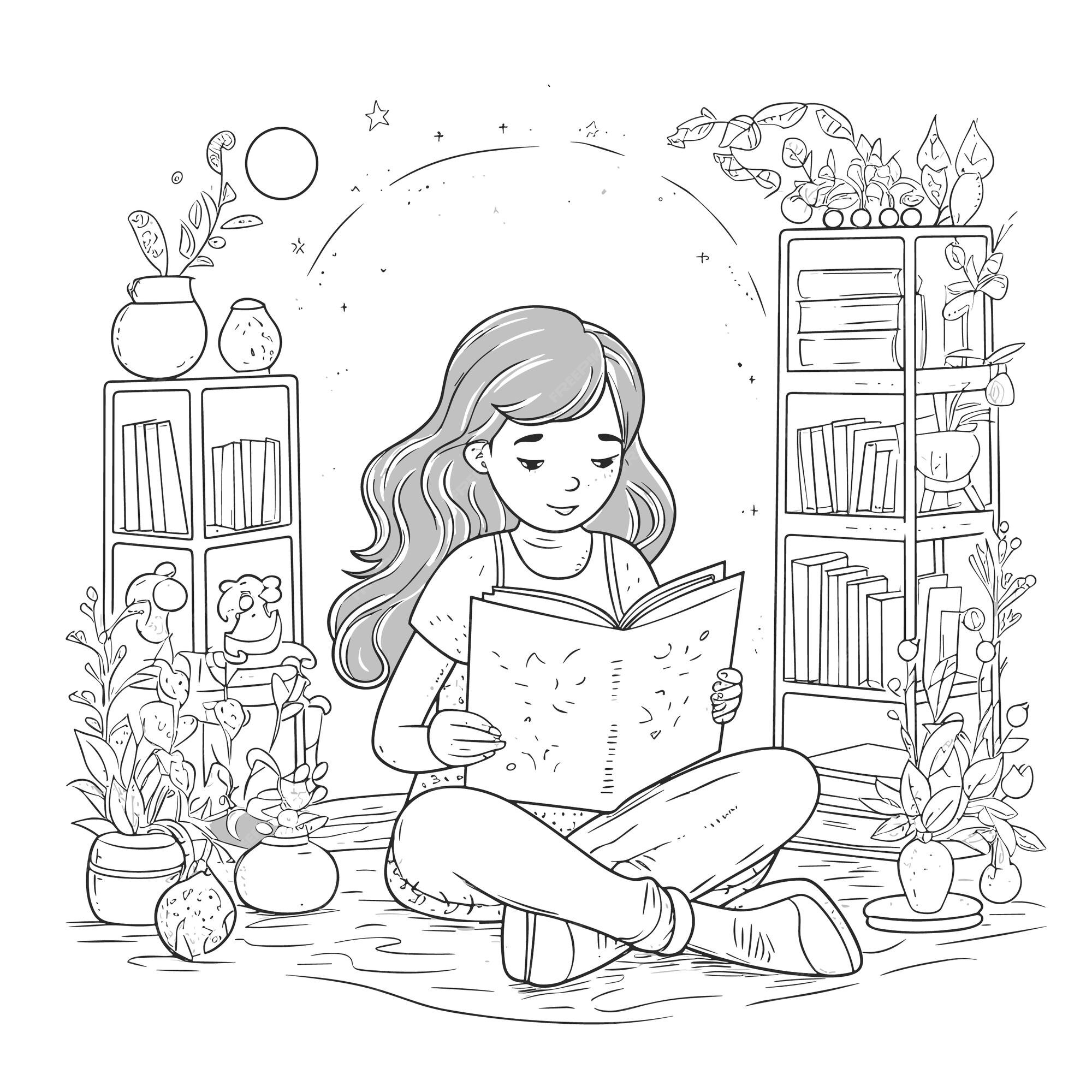 Premium Vector  Illustartion coloring book page women read book