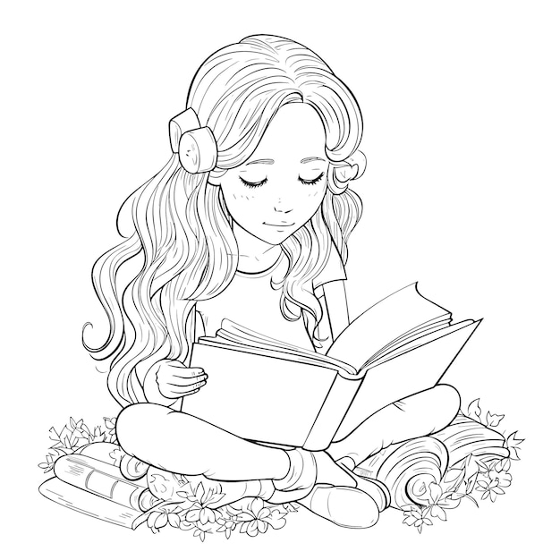 illustartion coloring book page women read book