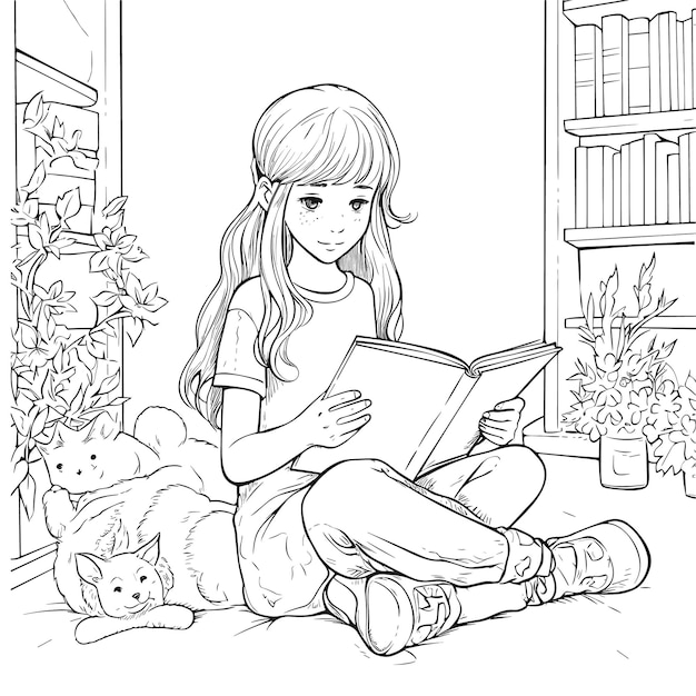 Vector illustartion coloring book page women read book