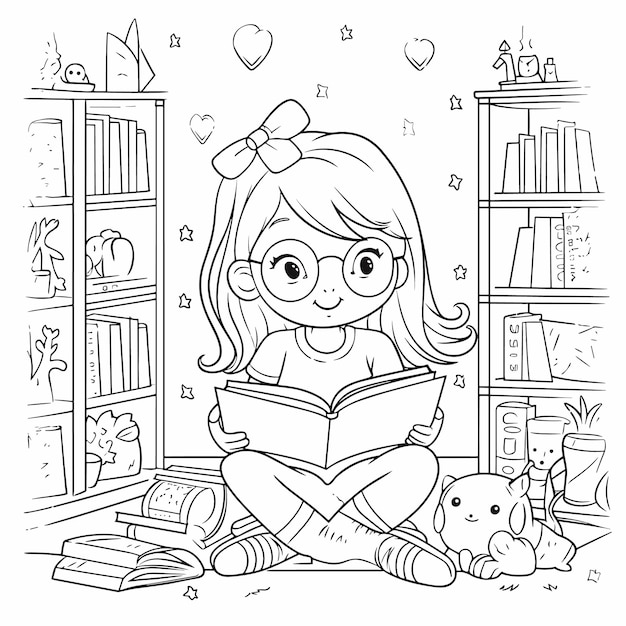 illustartion coloring book page women read book