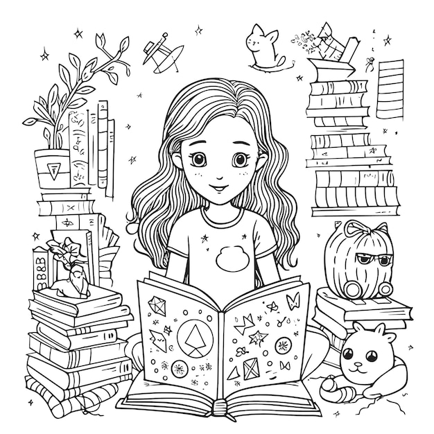 illustartion coloring book page women read book