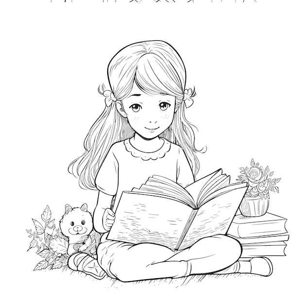 illustartion coloring book page women read book