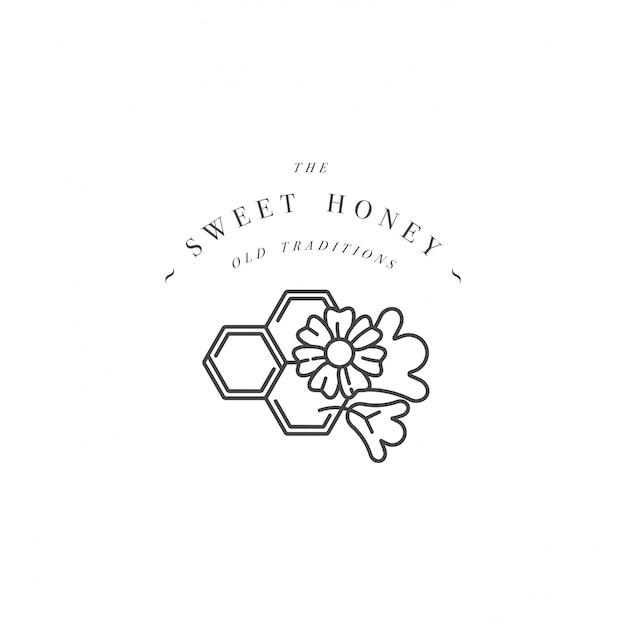 Illustartion logo en sjabloon of badge. biologische en eco honingetiketten met honingraat. lineaire stijl.