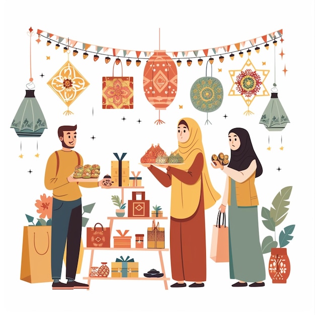 Illustrate the festive preparations for Eid alFitr the celebration marking the end of Ramadan wit