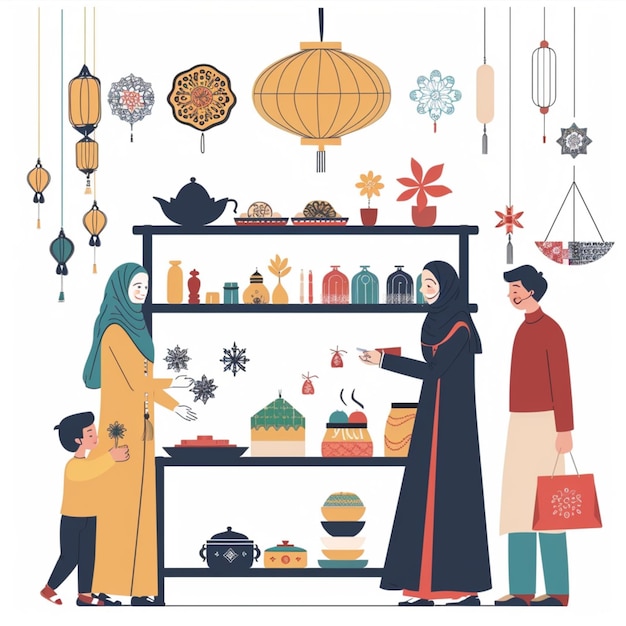 Проиллюстрируйте праздничные приготовления к Иду Аль-Фитру, празднованию окончания Рамадана.