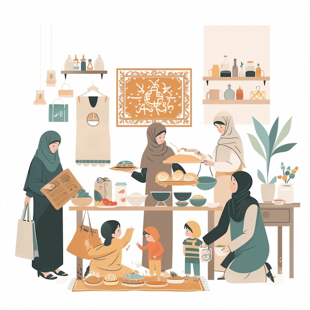 Illustrate the festive preparations for Eid alFitr the celebration marking the end of Ramadan wit