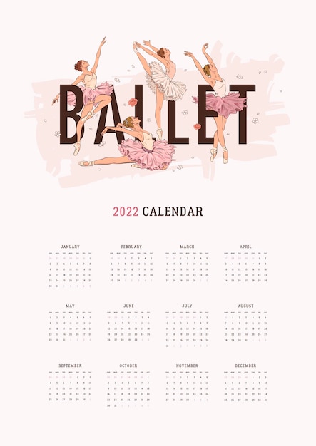 Modello di calendario illustrato 2022 con ballerine disegnate a mano