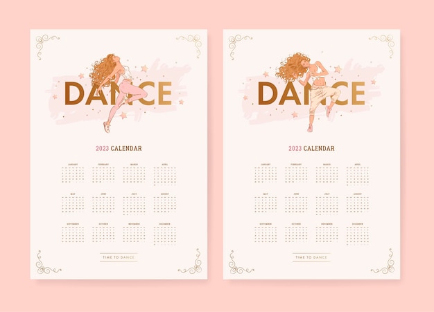 Illustrated 2023 calendar template with hand drawn dancing woman