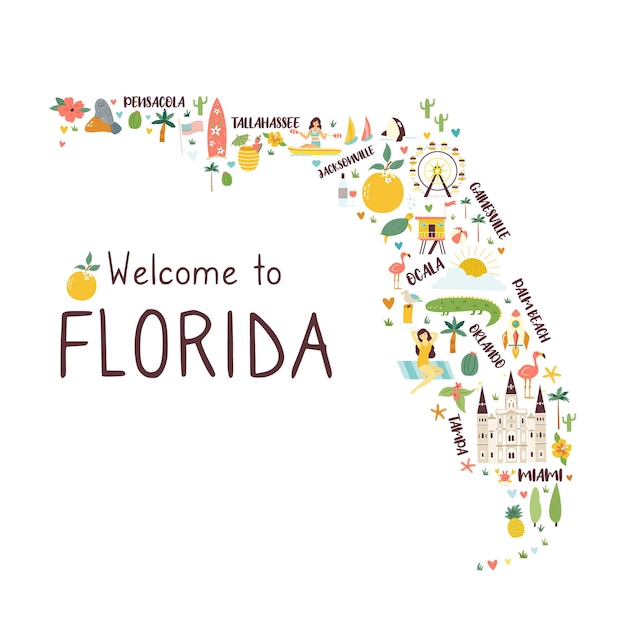 Vector illustrated abstract florida map with icons symbols destinations animals