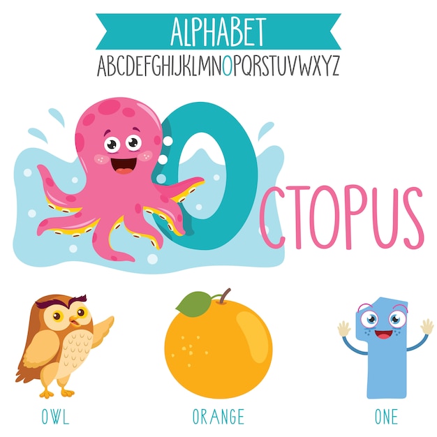 Illustrated alphabet letter and cartoon objects