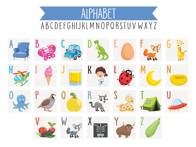 Illustrated alphabet letters and cartoon objects