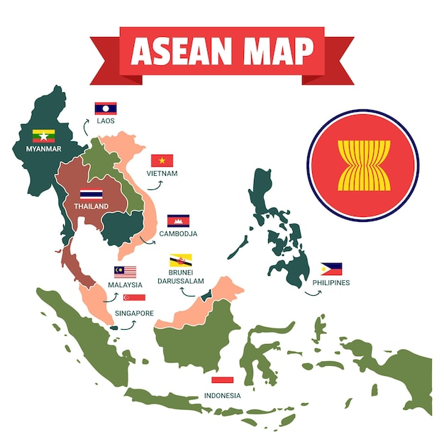 Vector illustrated asean map with flags