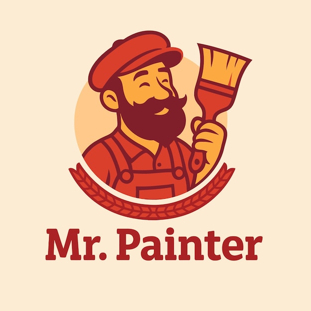 Illustrated Bearded Man Holding Paint Brush Creative Painting Concept