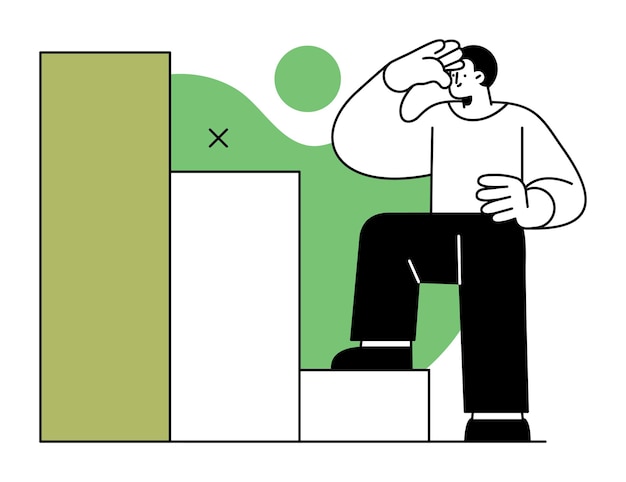 Illustrated businessman on growth chart steps looking for opportunities