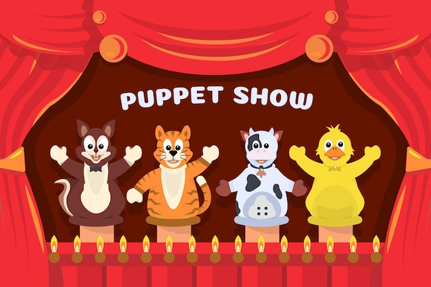 Vector illustrated children watching puppet show