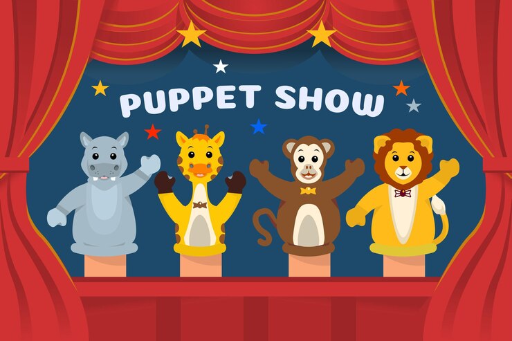 Vector illustrated children watching puppet show