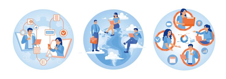 Иллюстрированные концепции удаленной работы и цифрового сотрудничества по всему миру