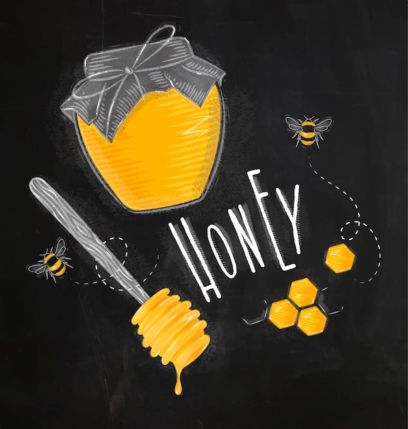 Illustrated elements honey spoon, honeycombs, bank with honey, bees lettering honey drawin