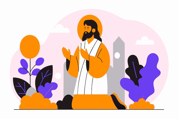 Вектор illustrated figure giving a sermon with stylized nature and city backdrop