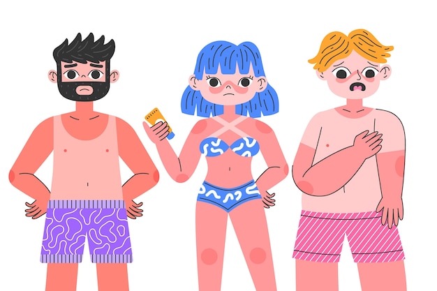 Illustrated flat people with a sunburn