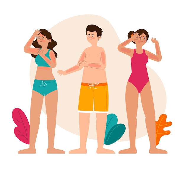 Illustrated flat people with a sunburn