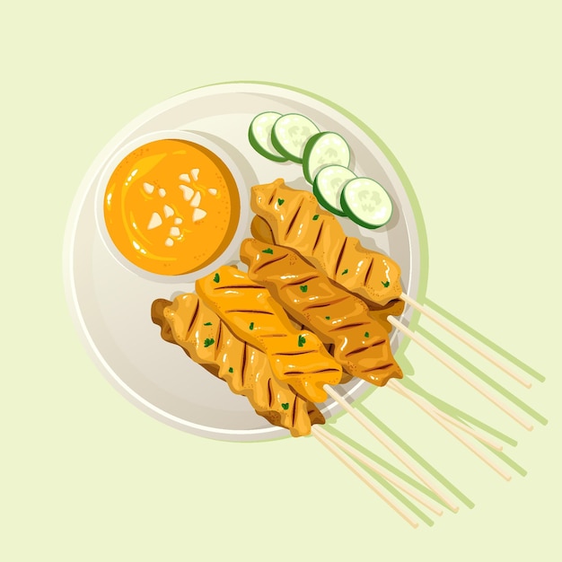 Vector illustrated hand drawn satay on plate