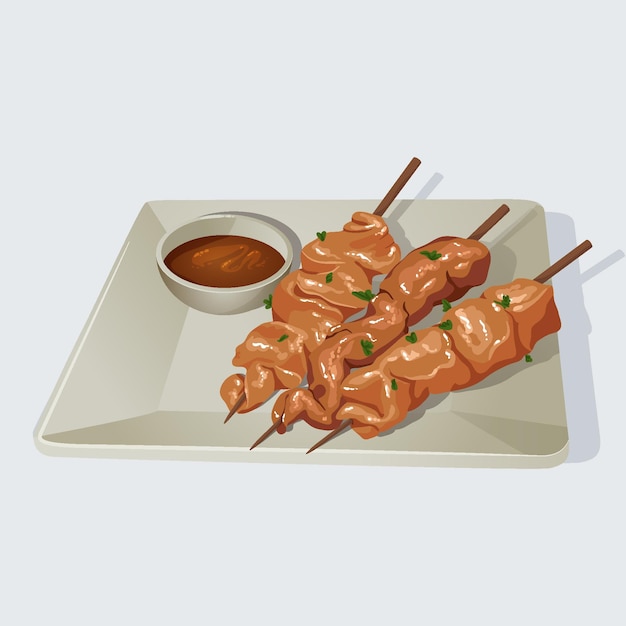 Illustrated hand drawn satay on squared plate