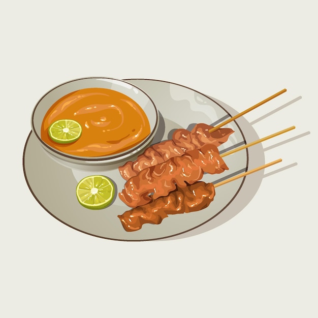 Vector illustrated hand drawn satay on white plate