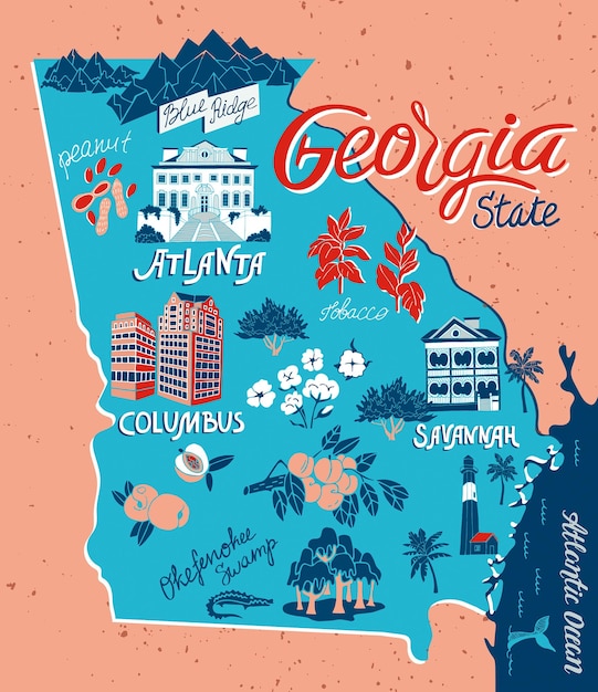 Vector illustrated map of georgia usa travel and attractions