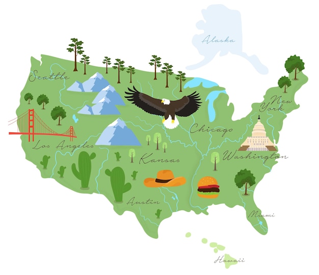 Vector illustrated map of usa with landmarks and buildings