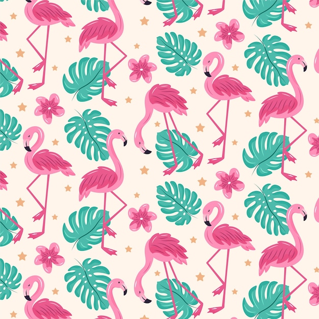 Illustrated pink flamingo bird pattern with tropical leaves