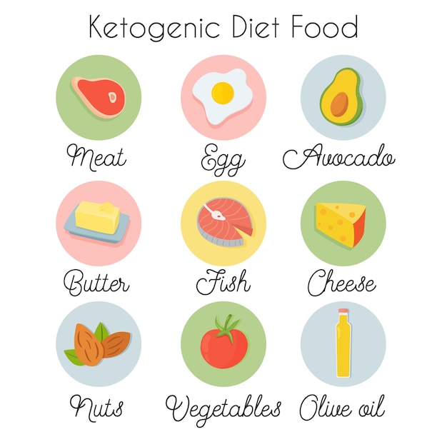 Illustrated set of allowed product for keto diet vegetables cheese natural fats eggs nuts olive oil fish avocado meat