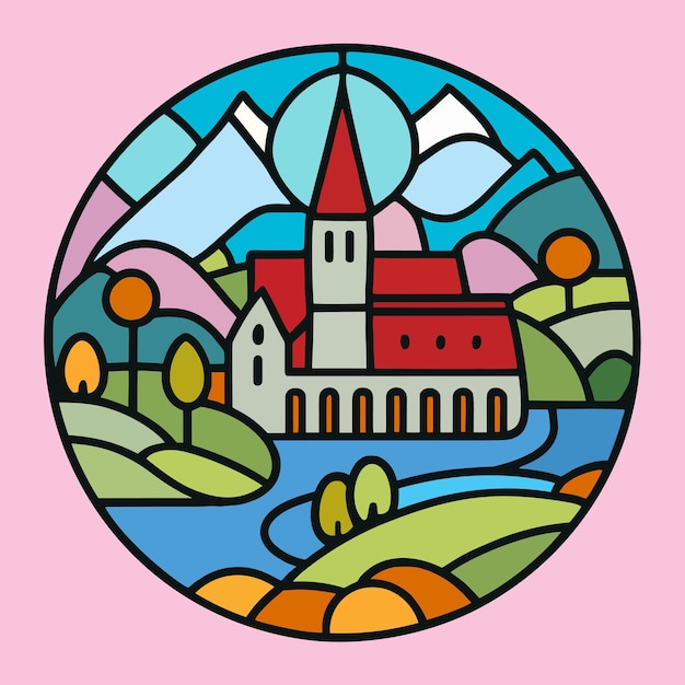 Illustrated stained glass window with colorful medieval village