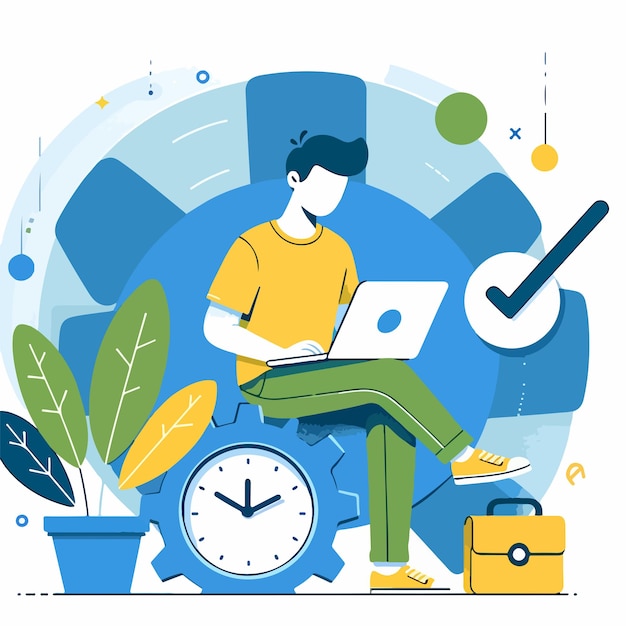 иллюстрирует человека, сидящего на большом оборудовании, работающего на ноутбуке с гигантскими часами на заднем плане