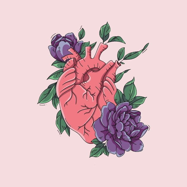 illustratie anatomisch hart met bloemen