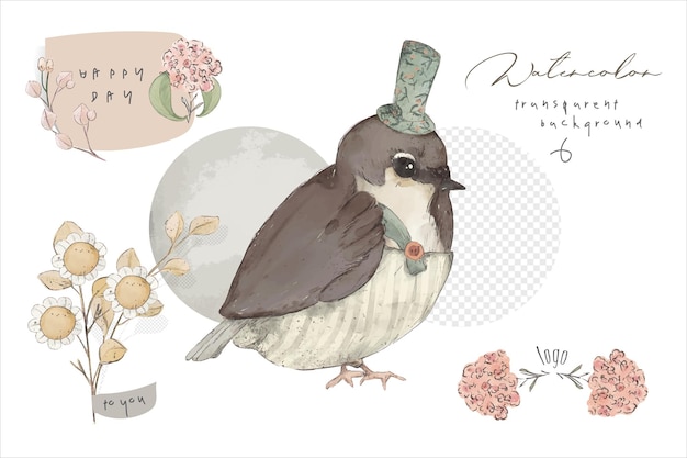 Illustratie aquarel vogel, paddestoel, bloem, blad en natuurlijke wilde hand getrokken set