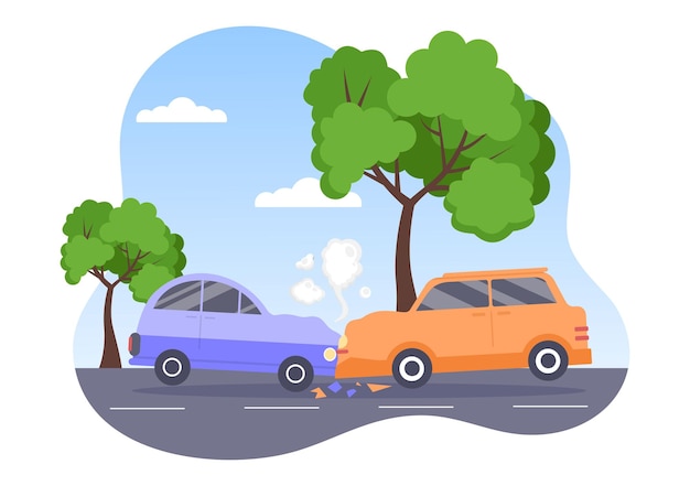 Vector illustratie auto-ongeluk met twee auto's die op de weg botsen of iets raken dat schade veroorzaakt