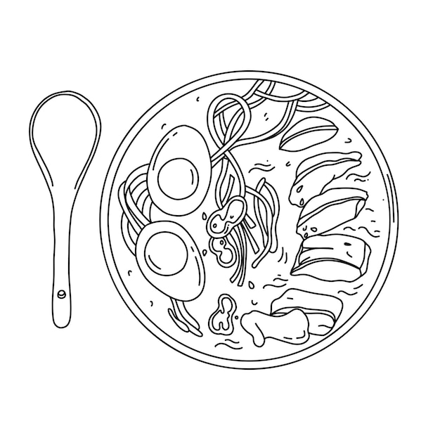 Illustratie aziatische noedelsoep ramen met kip garnalen en tofu groenten en ei in een kom