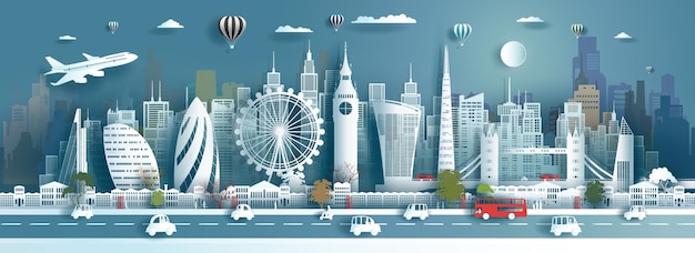 Illustratie behang reizen bezienswaardigheden architectuur Engeland in Londen beroemde stad downtown Tour Europa met panorama populaire hoofdstad met samenleving in stadsgezicht Vector illustratie papier kunststijl